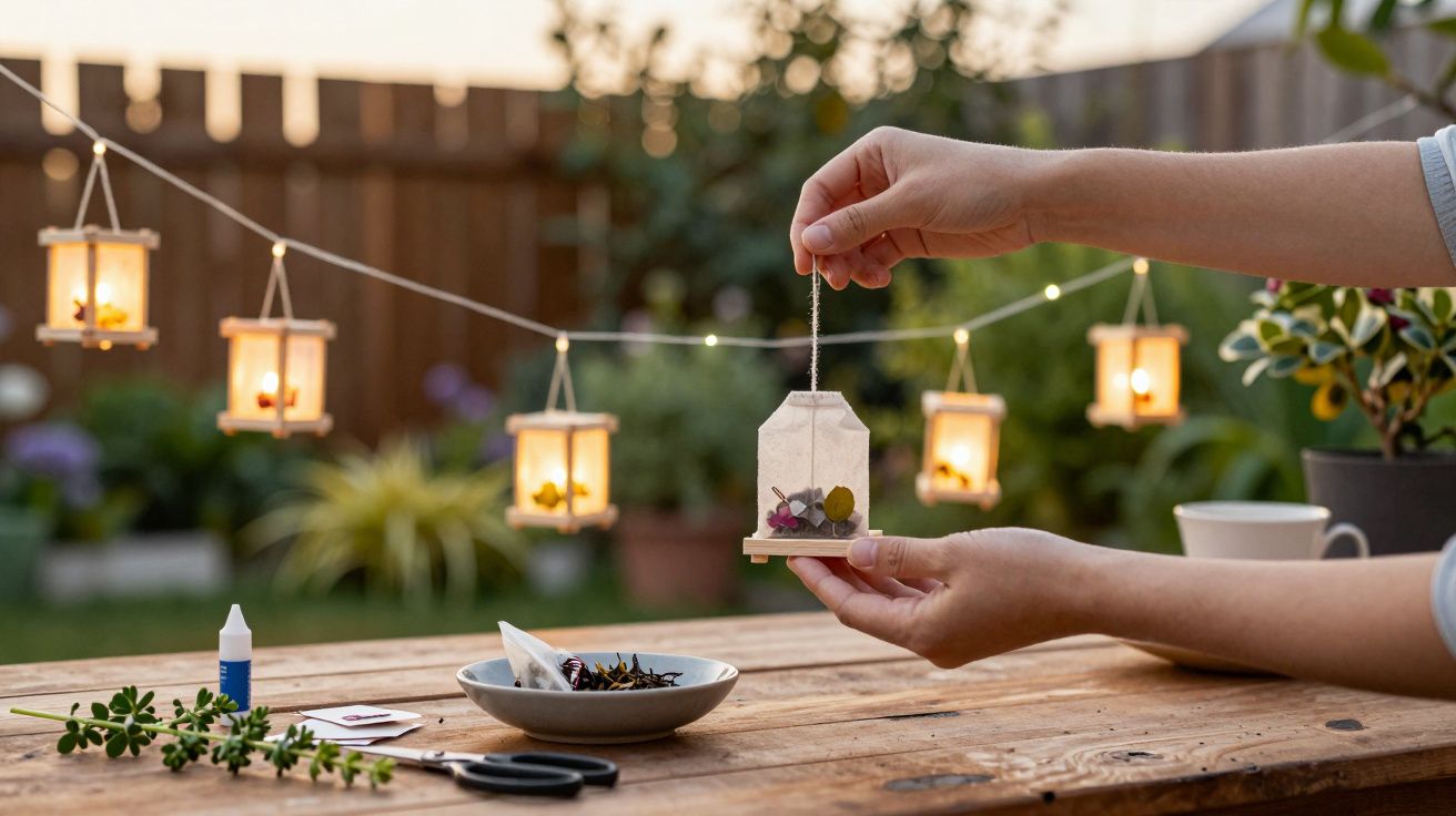 Mãos seguram luminária artesanal de chá decorada com flores, ao fundo varal com lanternas iluminadas no jardim.