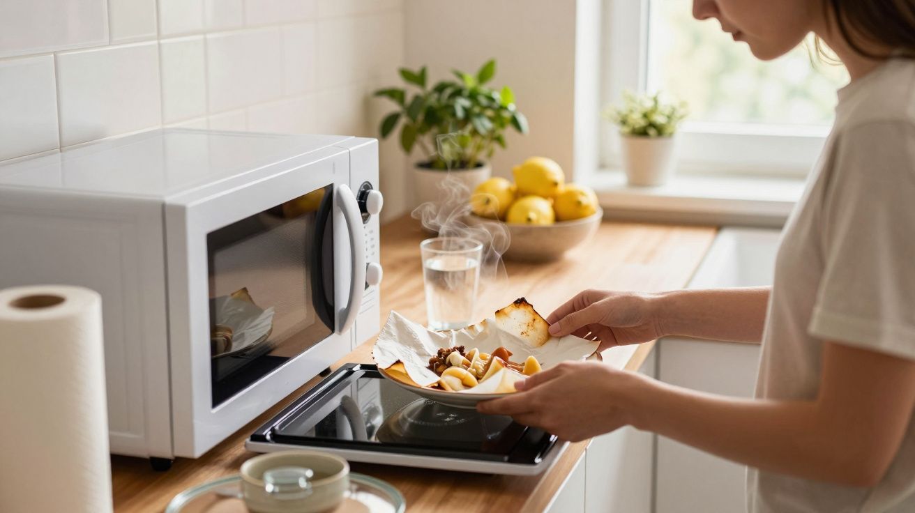 Pessoa retirando prato com comida quente do forno micro-ondas em cozinha iluminada pela janela.