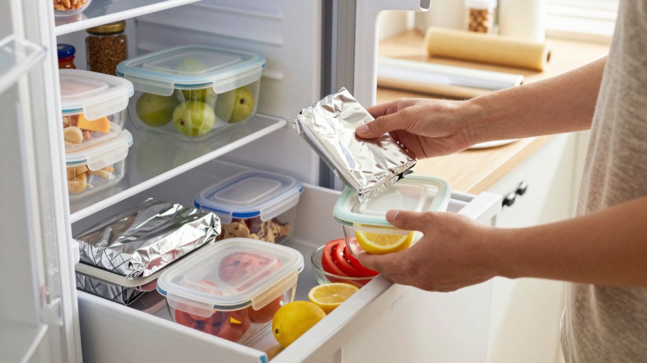 Pessoa guardando comida em potes plásticos transparentes dentro de uma geladeira branca.