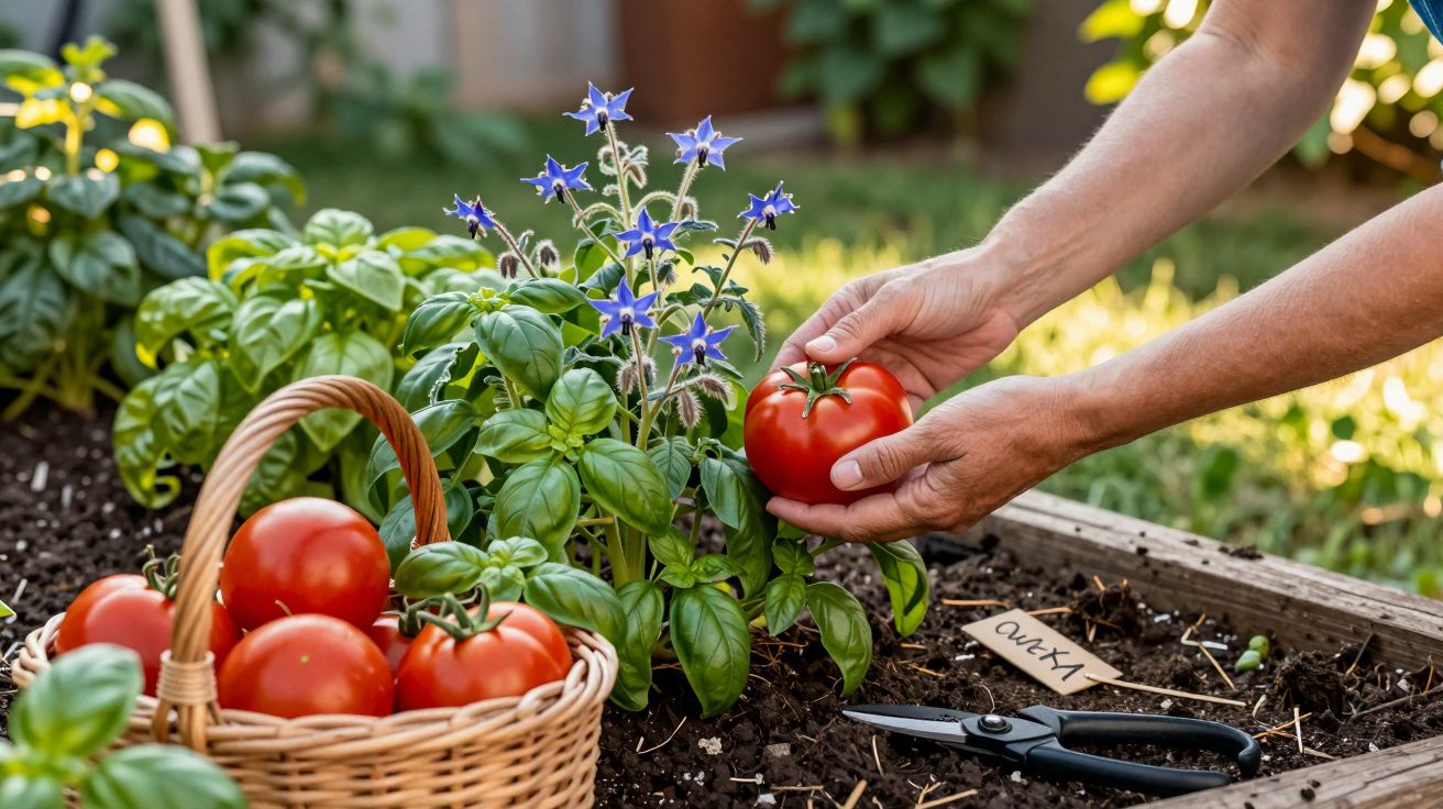 Mãos colhendo tomate em horta com cesta cheia de tomates, manjericão e flores azuis ao fundo.