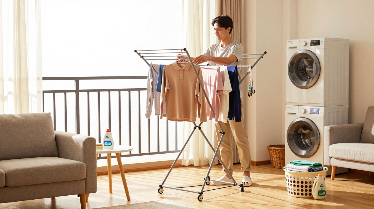 Homem pendurando roupas em varal de chão em sala clara com máquina de lavar e sofá ao fundo.