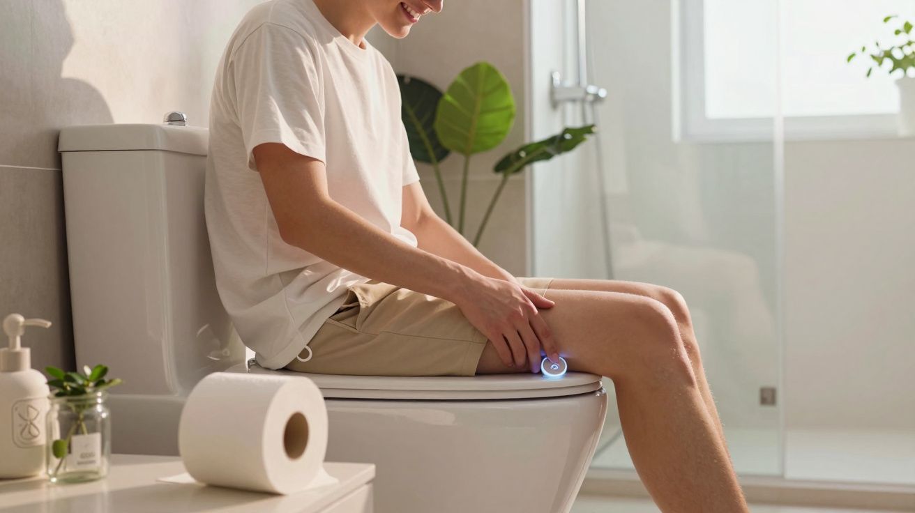 Homem sentado no vaso sanitário com aparelho tecnológico no joelho em banheiro iluminado.