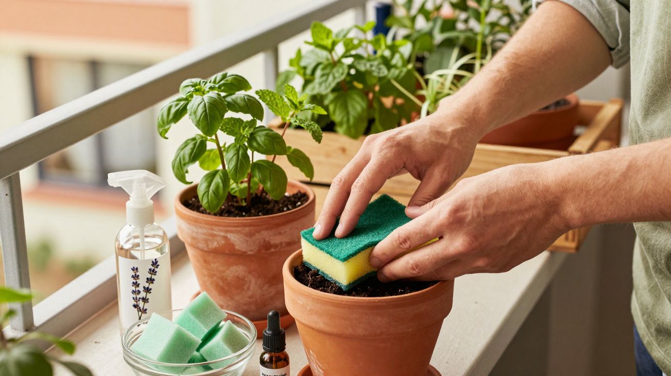 Pessoa usando esponja para limpar vaso de planta em sacada com várias plantas em vasos de barro.