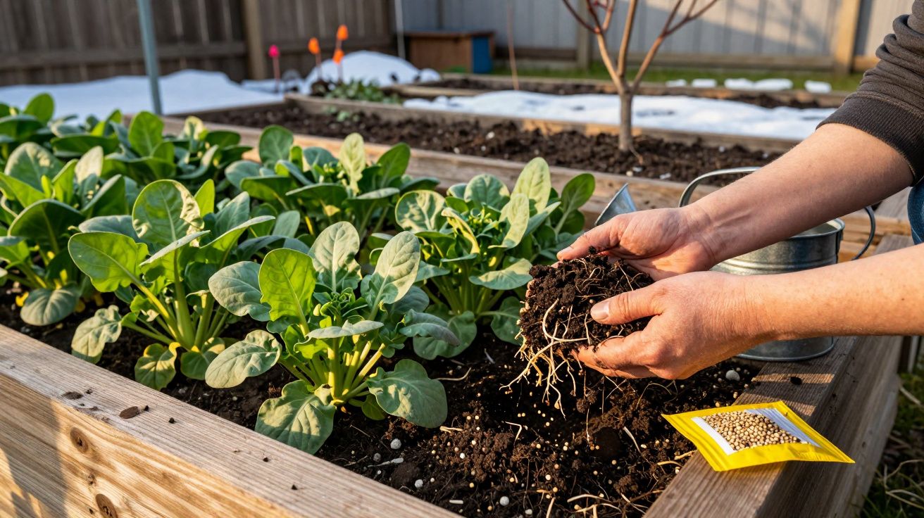 Mãos seguram terra com raízes acima de canteiro com plantas verdes em jardim ao ar livre.