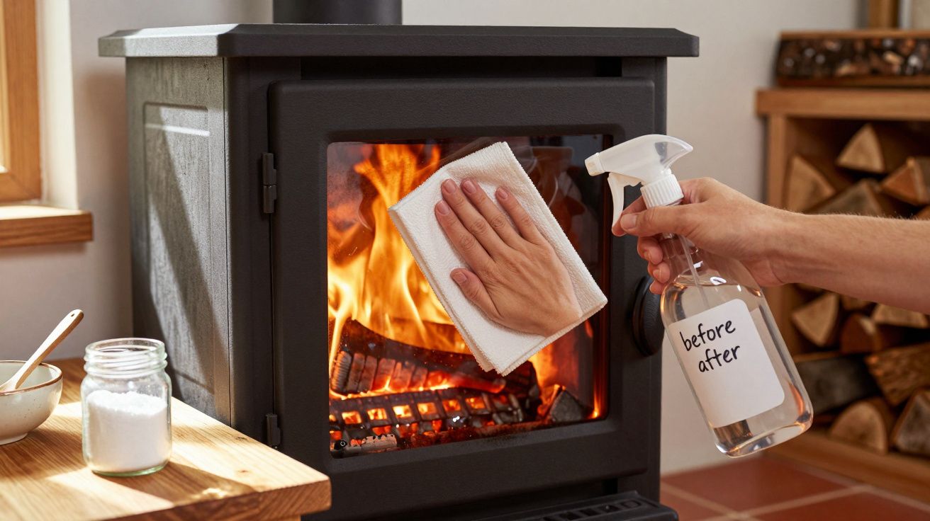 Pessoa limpando a porta de vidro de uma lareira acesa com pano e spray de limpeza.
