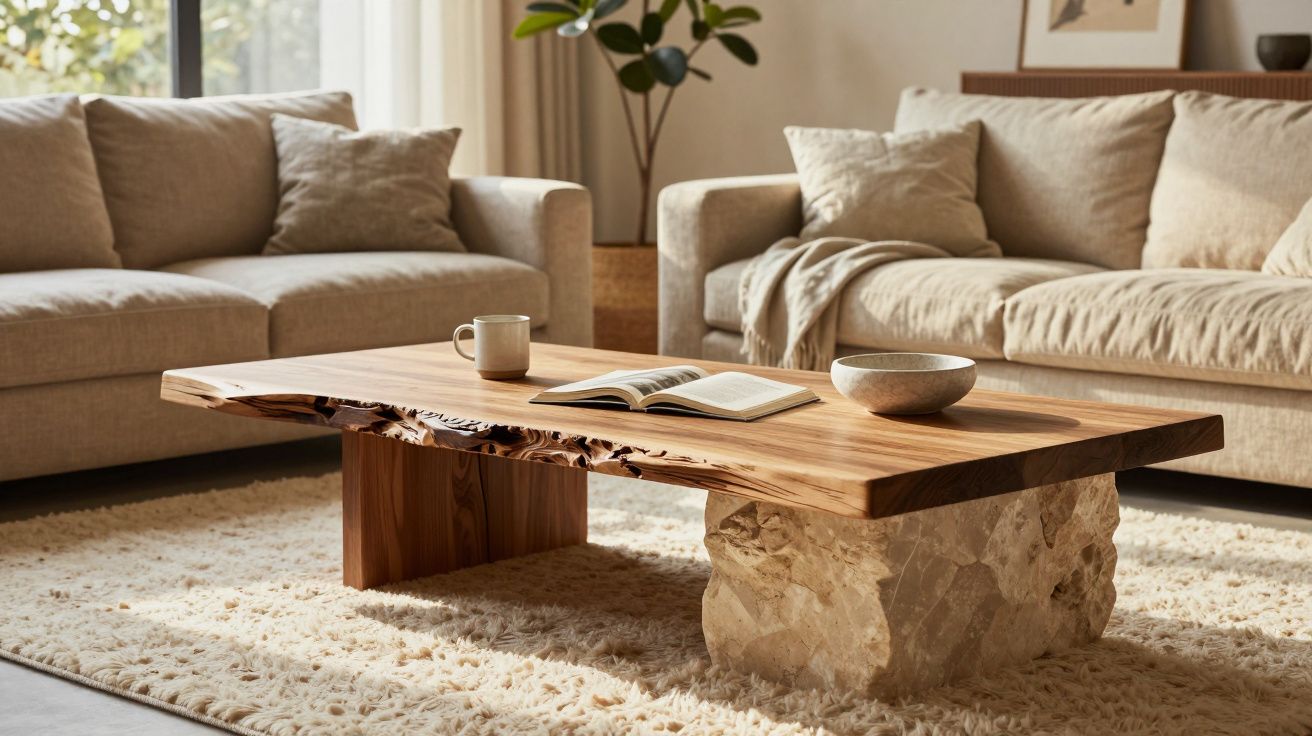 Sala de estar com sofá bege, mesa de centro de madeira rústica e tapete felpudo claro.