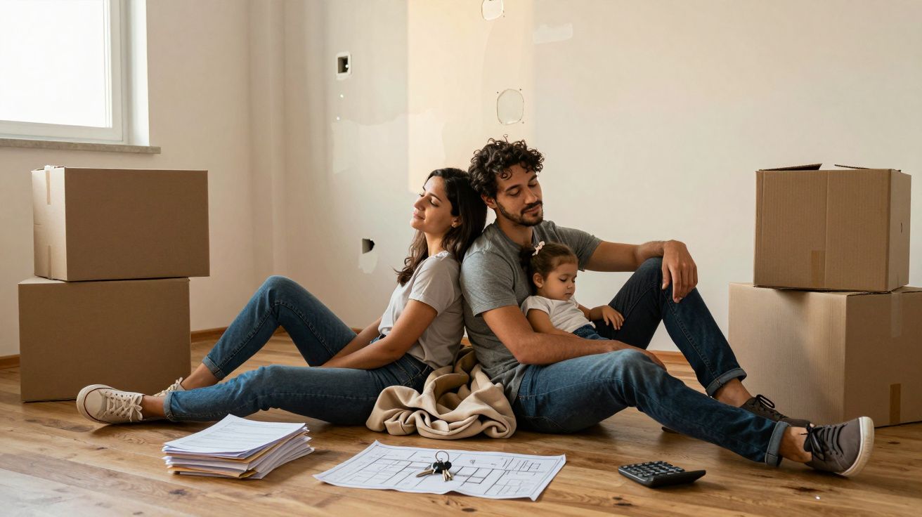 Casal com criança sentados no chão de apartamento vazio, rodeados por caixas de mudança e plantas.