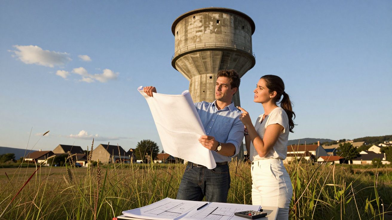 Homem e mulher analisam plantas em campo aberto com torre de concreto e casas ao fundo ao entardecer.