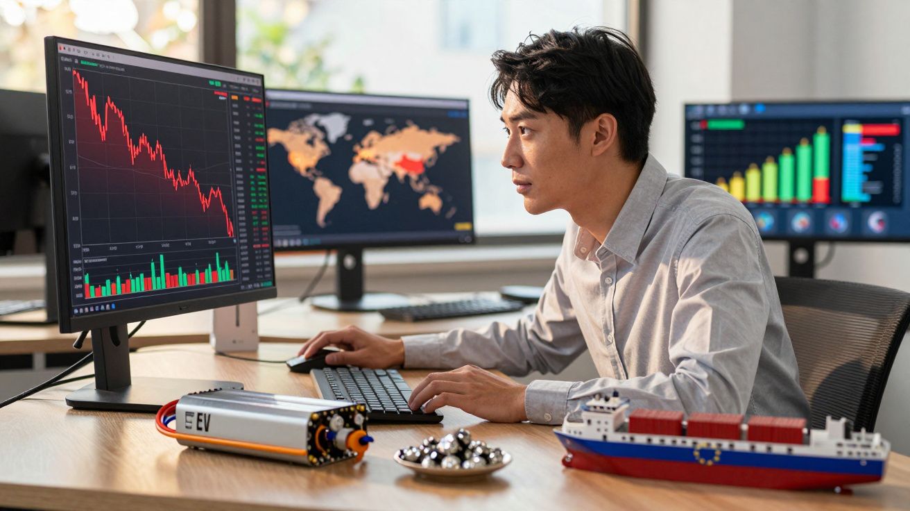 Homem observando gráficos de mercado financeiro em três monitores com maquetes e componentes eletrônicos na mesa.