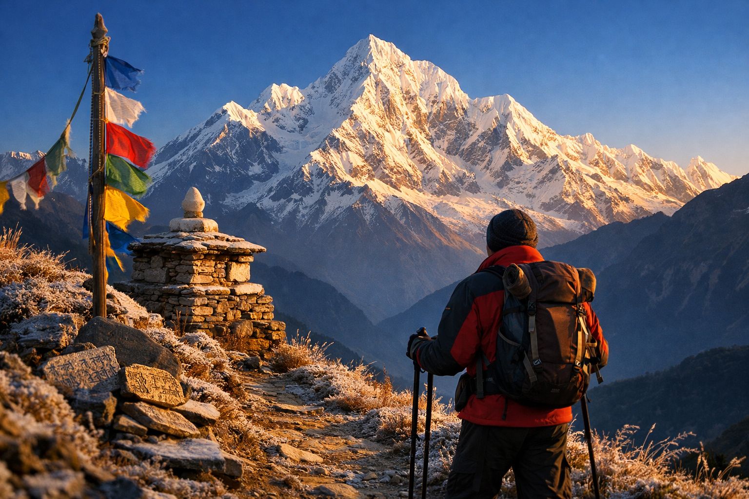Trilha na montanha com pessoa de mochila e bandeiras coloridas, ao fundo pico nevado iluminado pelo sol.
