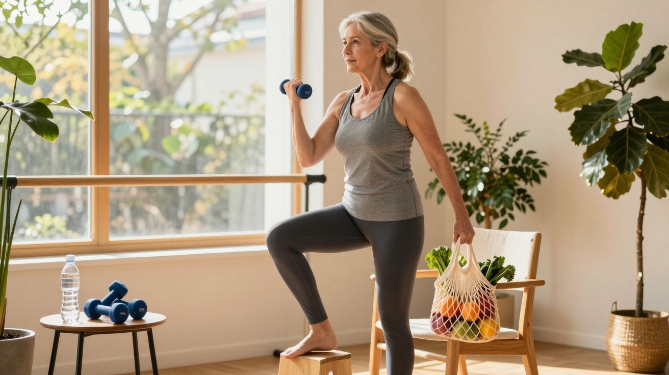 Mulher madura fazendo exercício com halteres em casa, segurando sacola de compras com frutas e legumes.