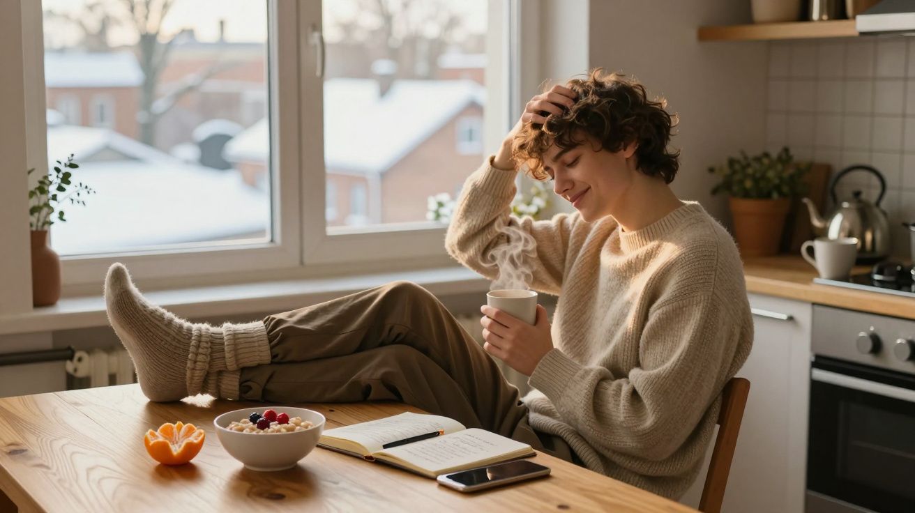 Pessoa sorridente com suéter bege sentada à mesa da cozinha segurando xícara de bebida quente.