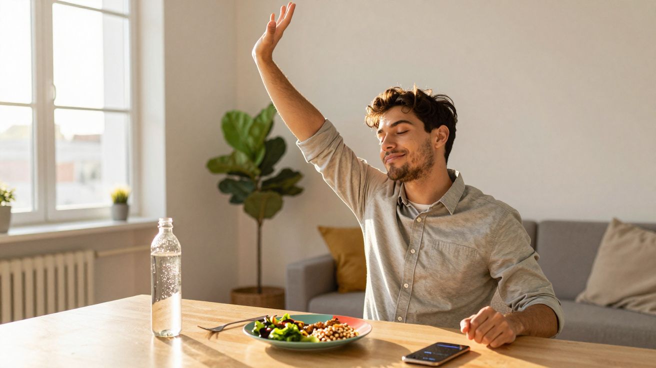 Homem sentado à mesa comemorando com prato de comida saudável e garrafa de água ao lado, em ambiente iluminado.