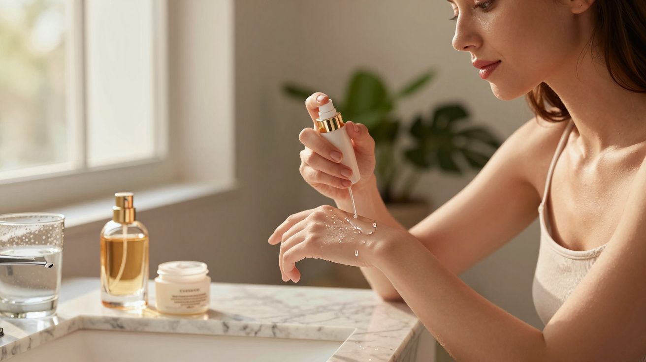 Mulher aplicando sérum facial na mão em banheiro iluminado por luz natural.