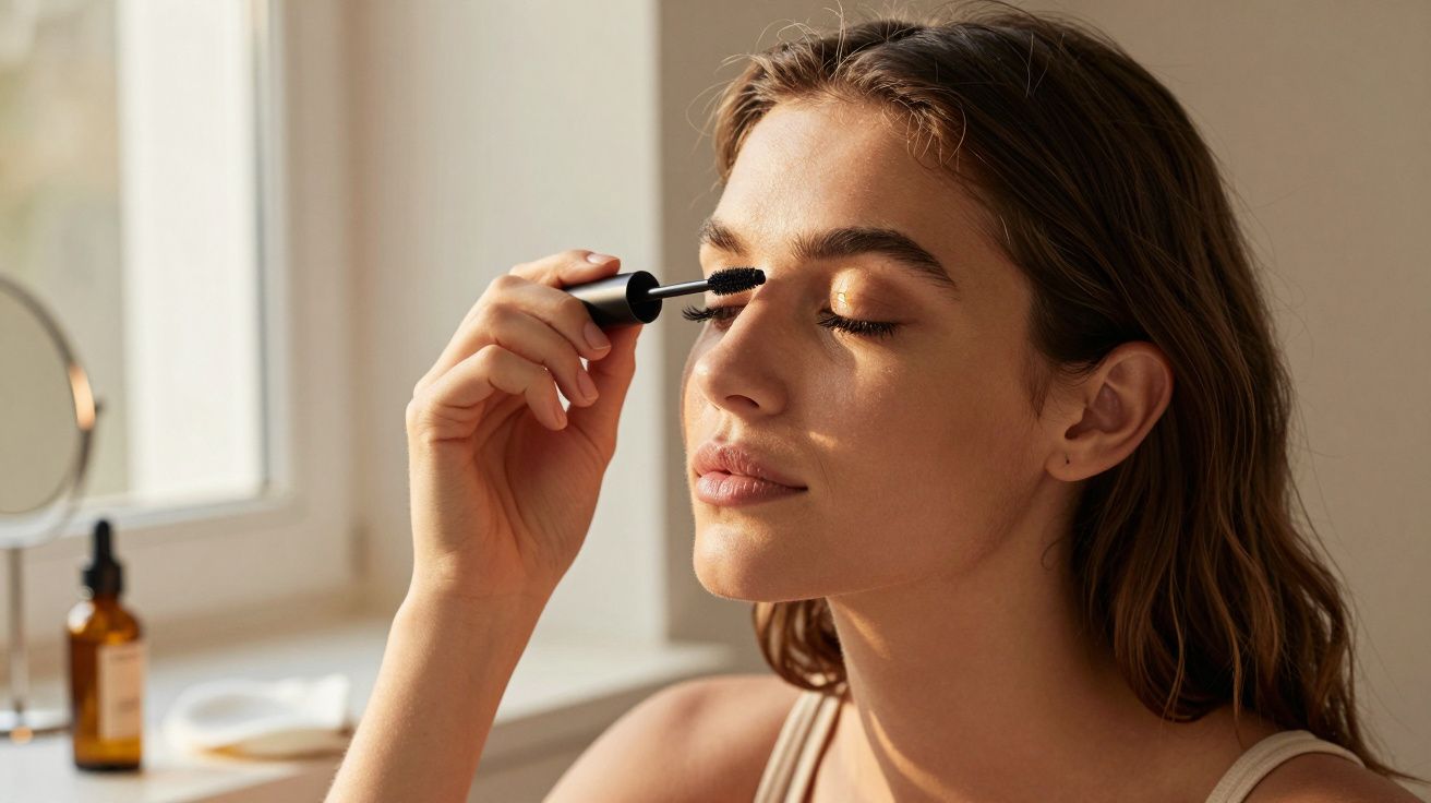 Mulher aplicando rímel nos cílios com olhos fechados em ambiente iluminado por luz natural.