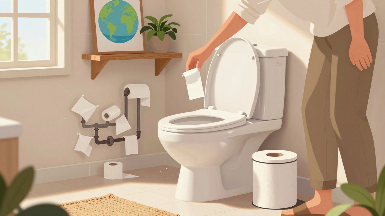 Pessoa descartando papel higiênico em vaso sanitário branco em banheiro iluminado e organizado.