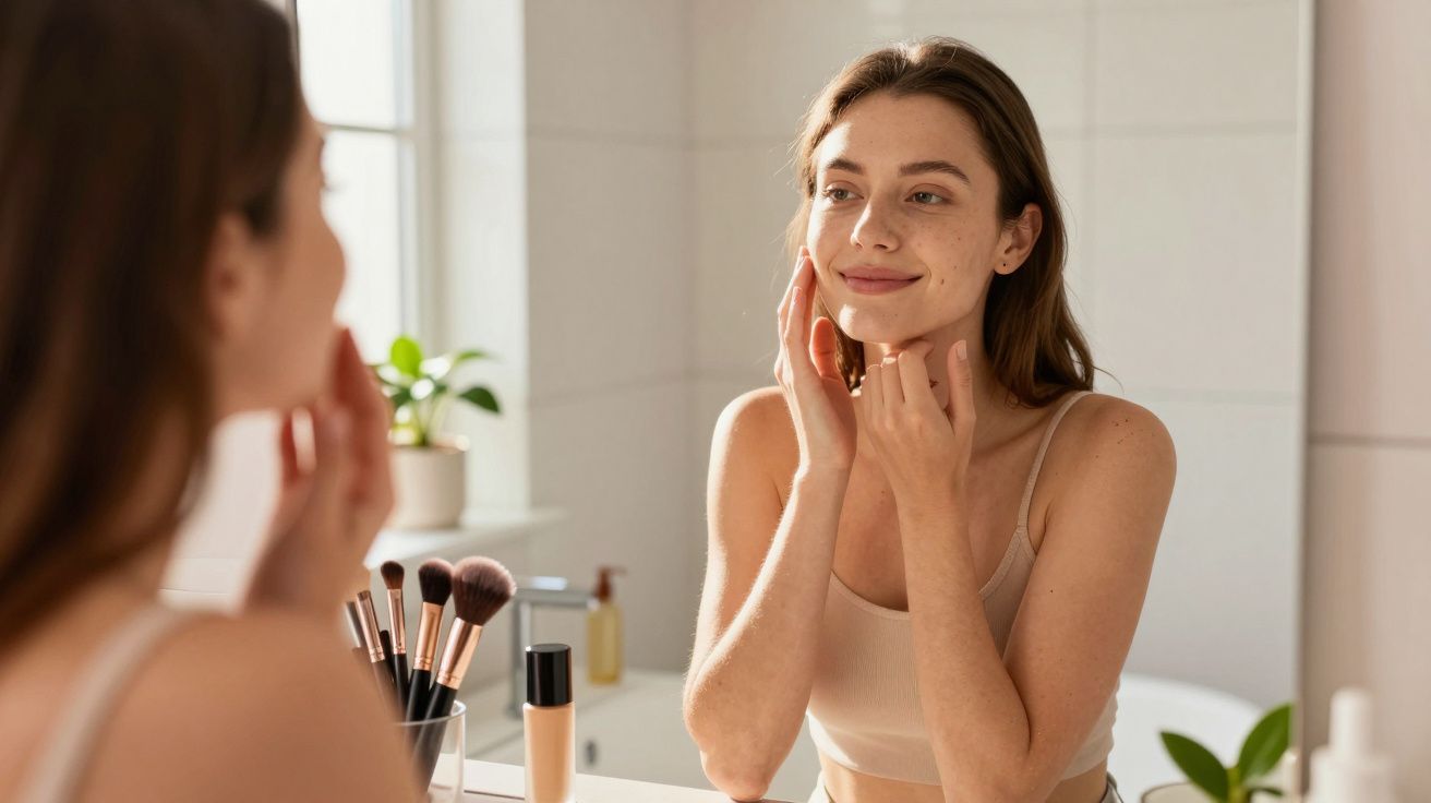 Mulher sorrindo aplicando creme facial em frente ao espelho em banheiro iluminado.