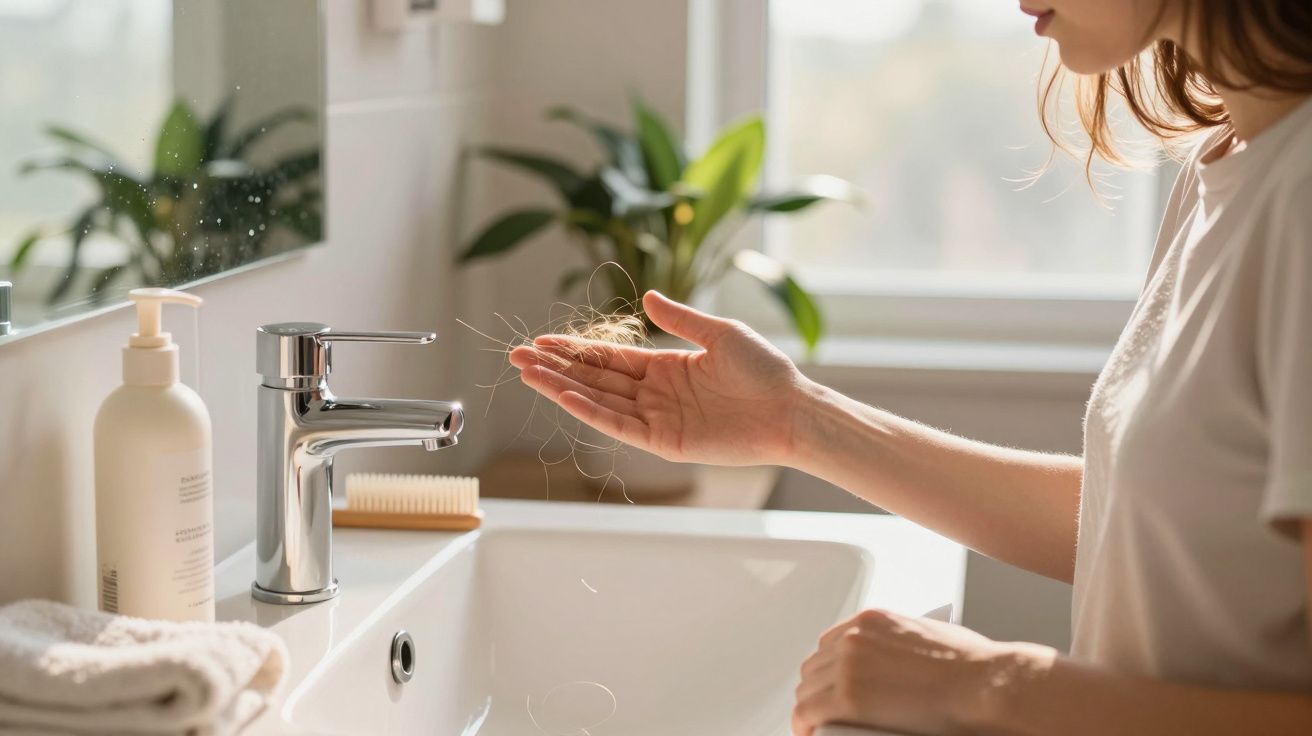 Mulher segurando fios de cabelo caídos em frente à pia de banheiro com plantas ao fundo.