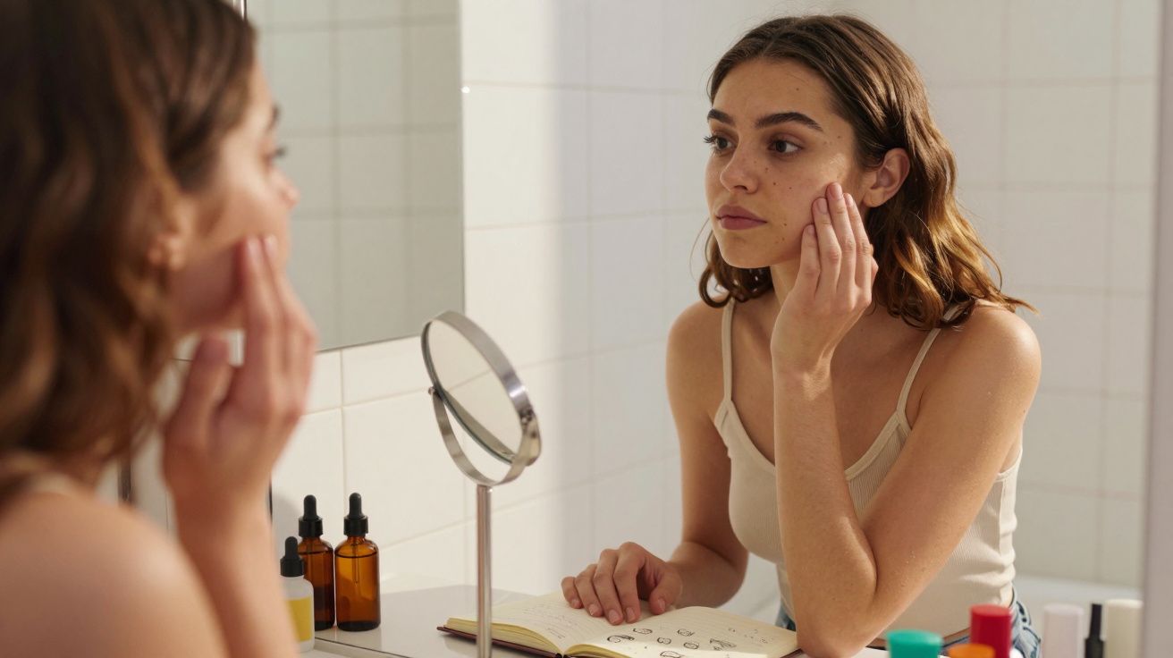 Mulher olhando no espelho do banheiro aplicando produto no rosto, com caderno aberto e frascos sobre a pia.