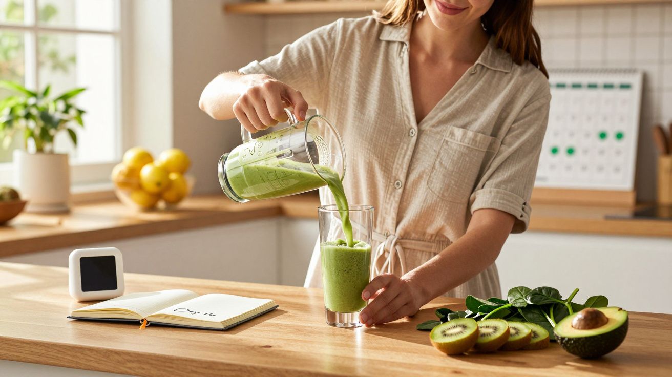 Mulher servindo suco verde em copo na cozinha com frutas e folhas na bancada e livro aberto.