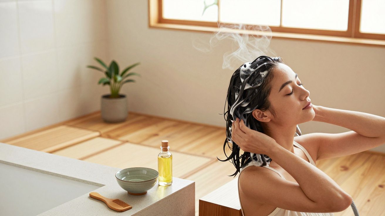 Mulher em banheiro com cabelo ensaboado, relaxando próxima à banheira e produtos de cuidados pessoais.