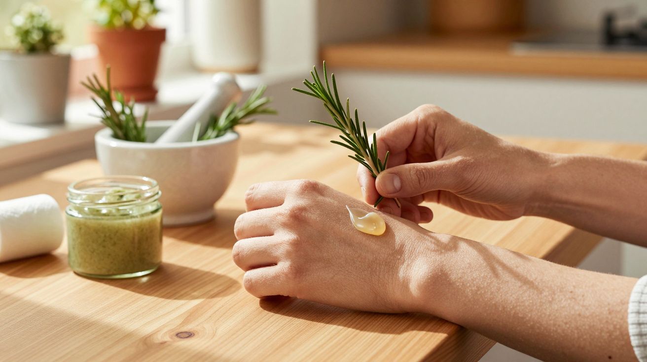 Pessoa aplicando creme natural na mão com ramo de alecrim em mesa de madeira clara.