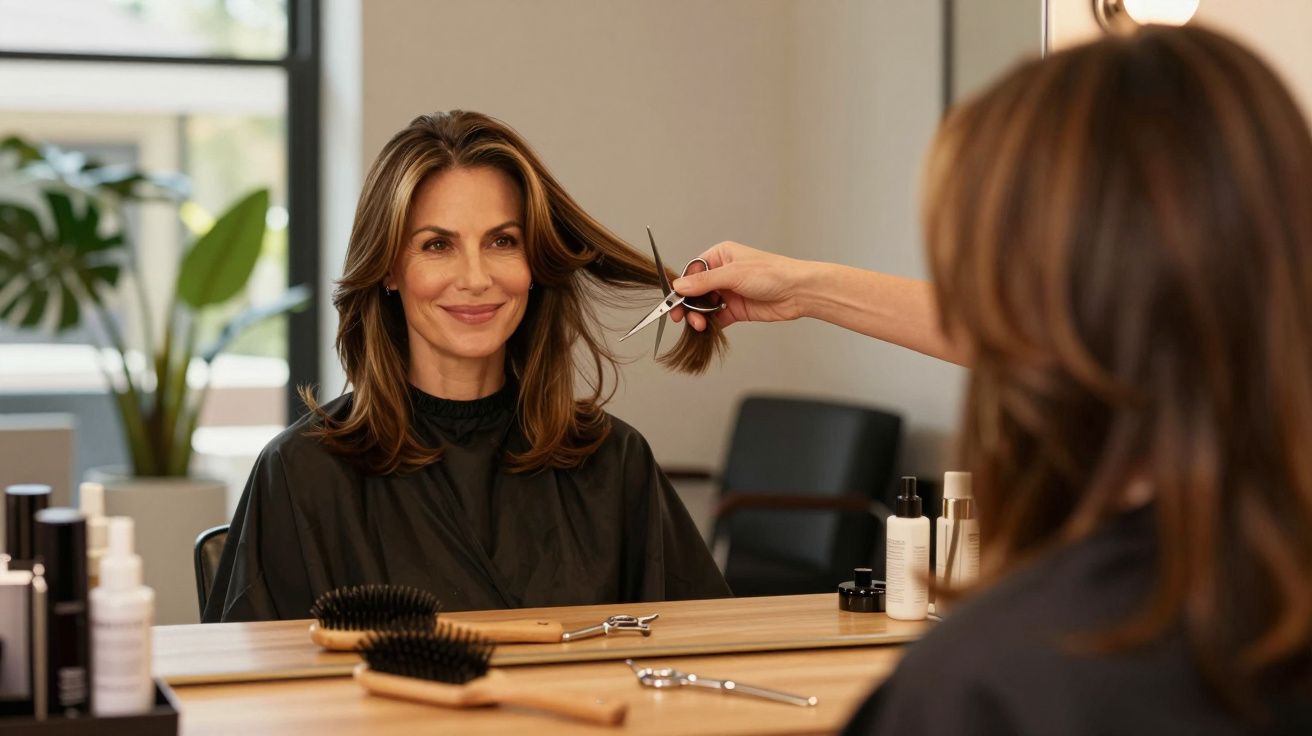 Mulher sorrindo sentada no salão enquanto cabeleireiro corta suas madeixas na frente do espelho.