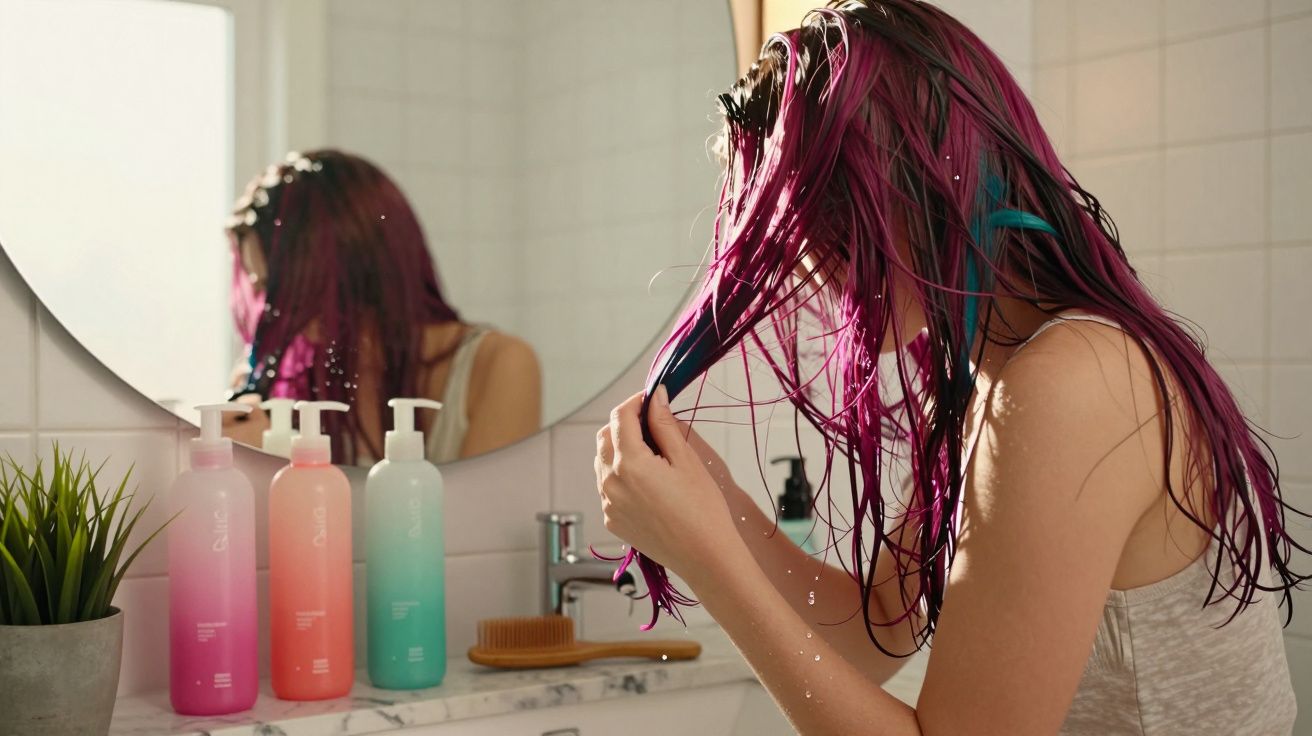Mulher secando cabelo molhado tingido de rosa em banheiro com espelho e produtos no balcão.