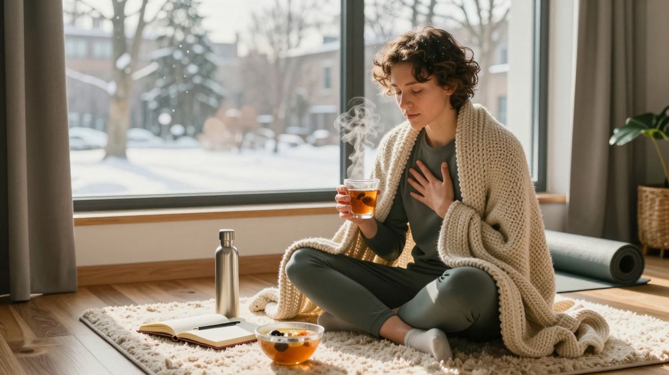 Mulher sentada no chão coberta com manta, segurando chá quente, ao lado de caderno e frutas em ambiente aconchegante.