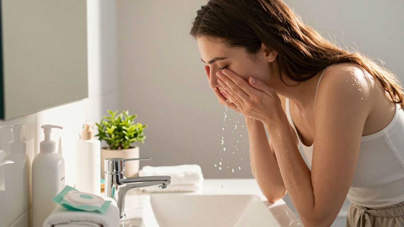 Mulher lavando o rosto em uma pia branca com plantas e produtos de cuidado ao lado.