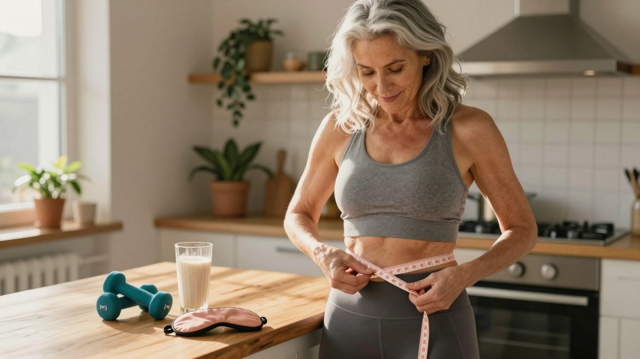 Mulher madura medindo a cintura com fita métrica na cozinha com halteres e copo de leite sobre a mesa.