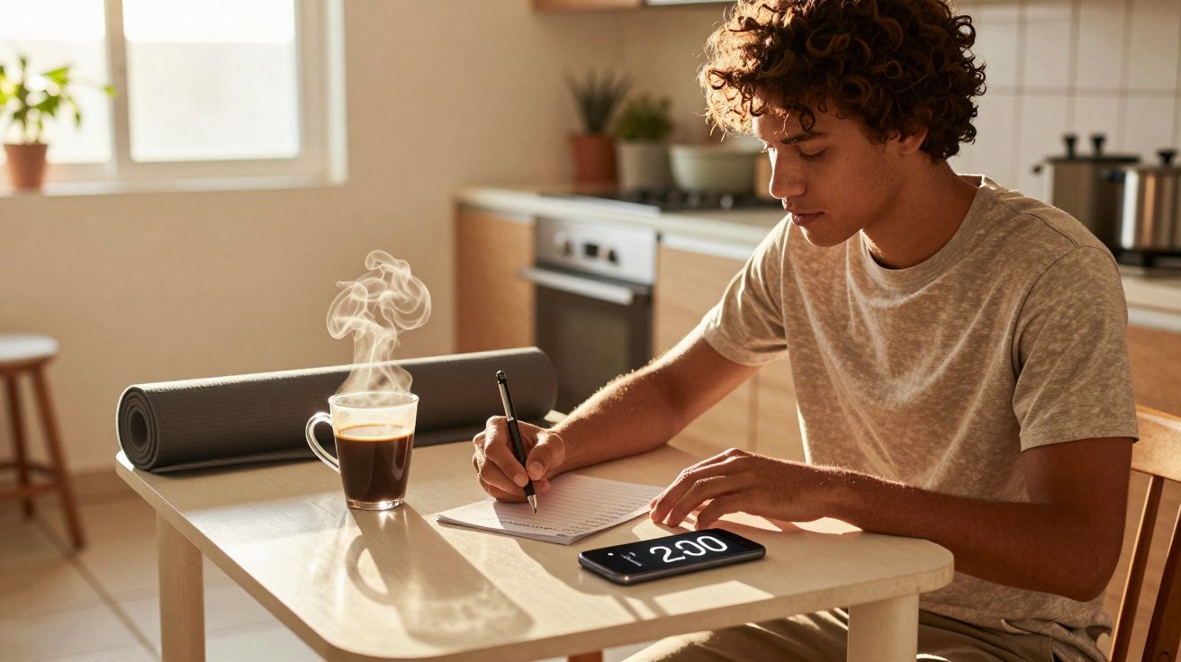 Homem jovem sentado à mesa escrevendo com café quente e celular marcando 2:00 no ambiente iluminado.