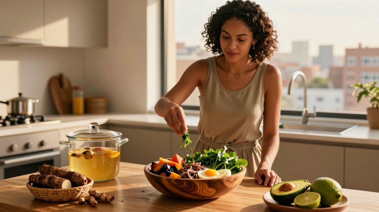 Mulher preparando salada saudável em cozinha moderna com ingredientes frescos na bancada.
