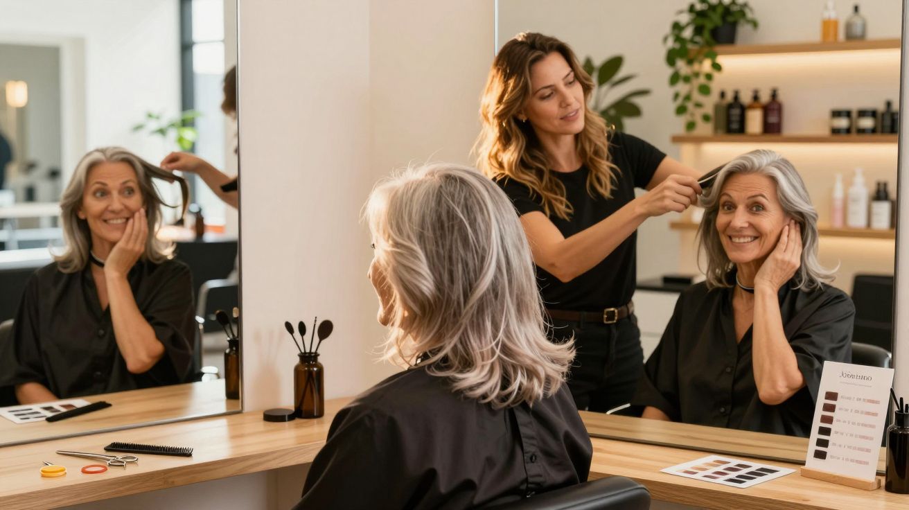 Mulher sorridente com cabelo grisalho sendo penteada em salão por cabeleireira de cabelos castanhos.