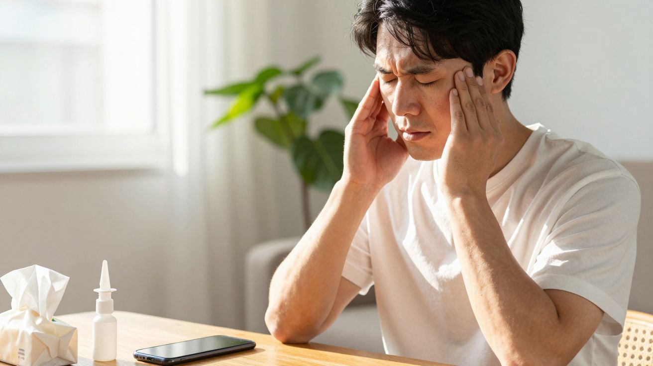 Homem jovem sentado em mesa com mãos nas têmporas, aparentando dor de cabeça, ao lado de lenço, spray nasal e celular.