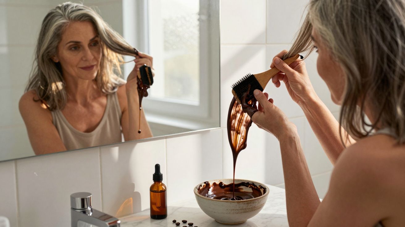 Mulher grisalha aplicando tinta marrom nos cabelos frente ao espelho em banheiro iluminado.