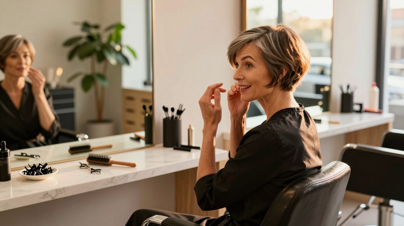 Mulher de cabelos curtos sentada em frente a espelho, se arrumando em salão de beleza iluminado.