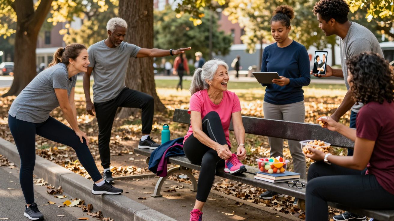 Grupo diverso de pessoas praticando exercícios e conversando em parque ensolarado.