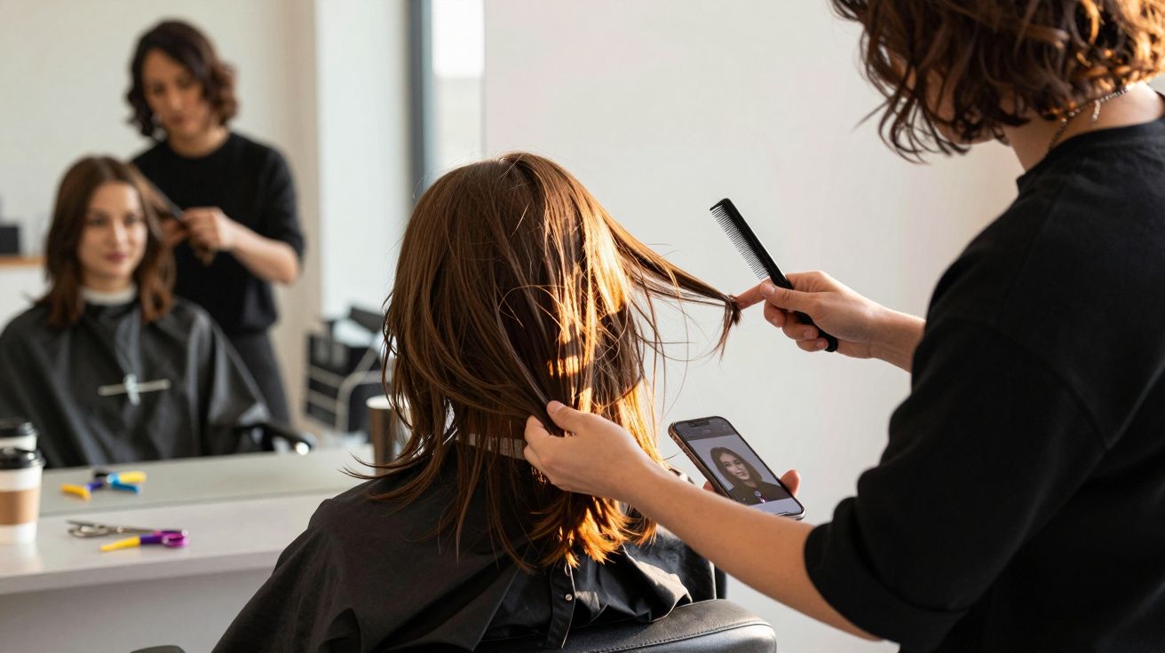 Cliente com capa preta tendo o cabelo penteado por cabeleireira em salão, com espelho refletindo a cena.