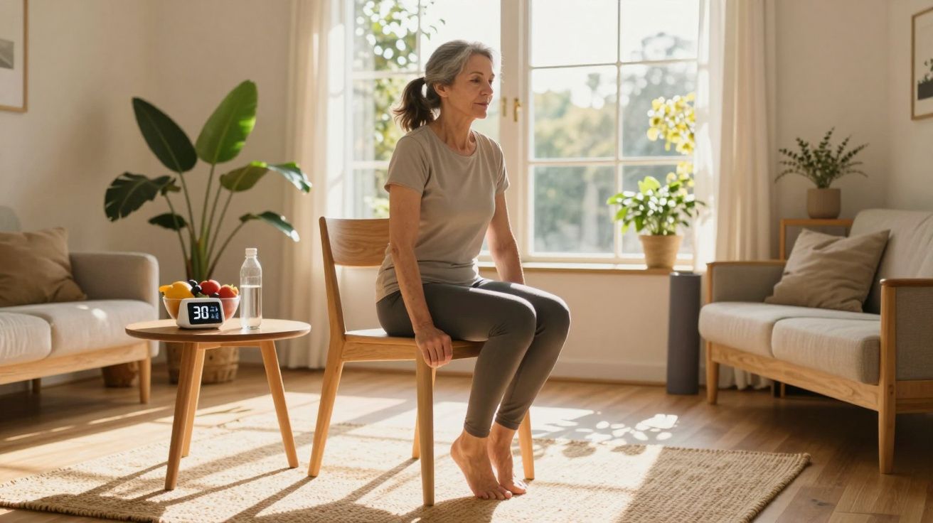 Mulher praticando exercício sentado em cadeira em sala iluminada com plantas e móveis claros.