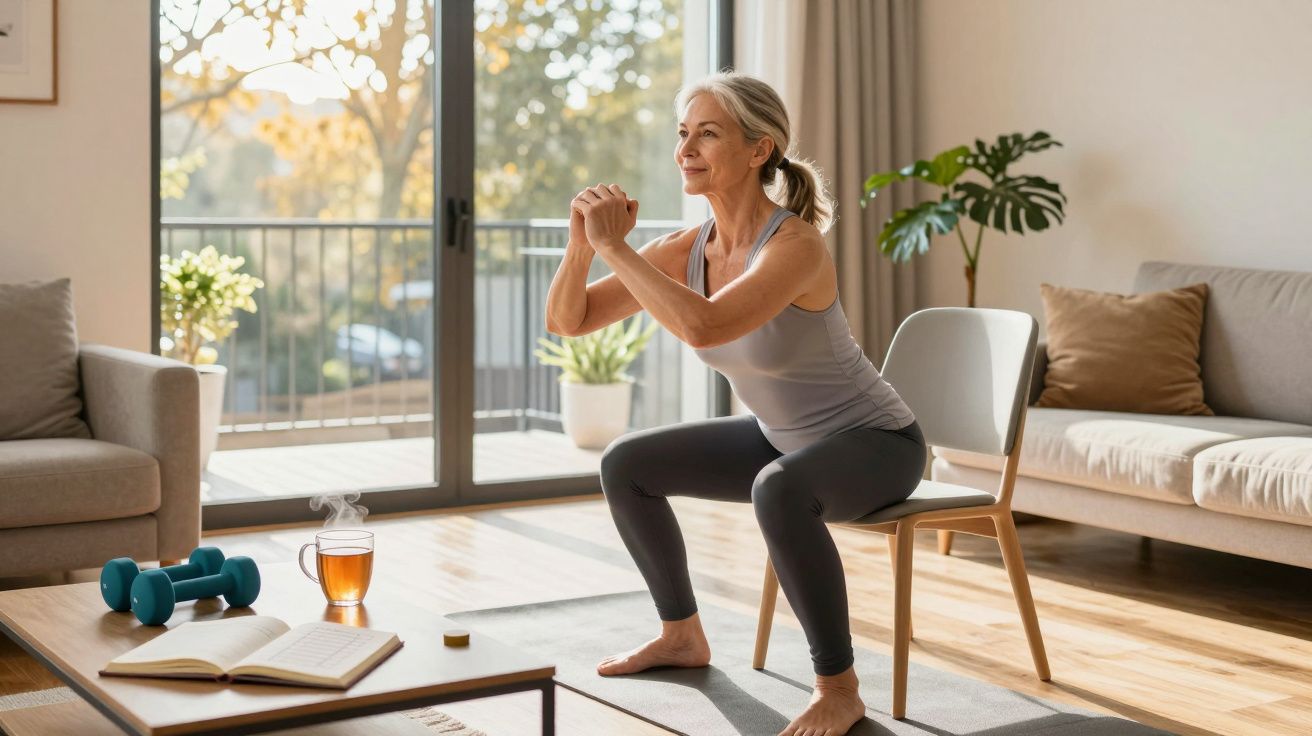 Mulher madura fazendo exercício de agachamento à frente de uma cadeira em sala iluminada.