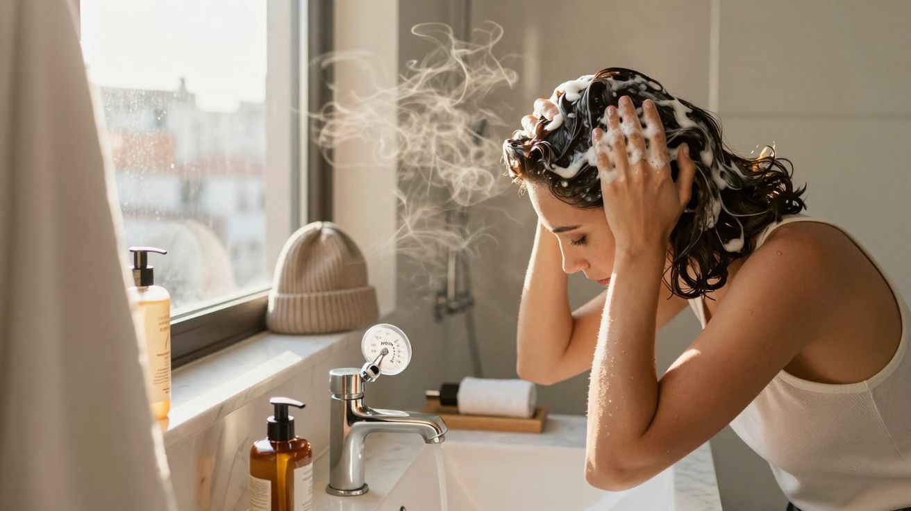 Mulher lavando cabelo com espuma em pia enquanto vapor sai do chuveiro ao fundo.
