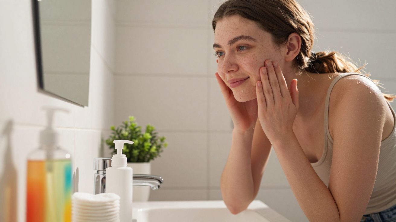 Mulher jovem aplicando creme no rosto com expressão satisfeita em banheiro iluminado.