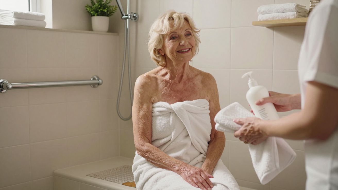Mulher idosa sentada no banheiro enrolada em toalha, recebendo frasco de loção de outra pessoa.