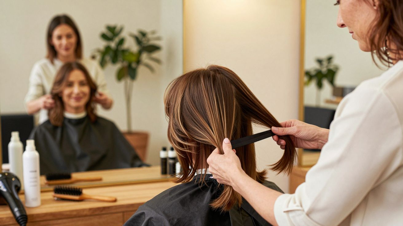 Cabeleireira penteando cabelo de mulher sentada em cadeira de salão com espelho à frente.