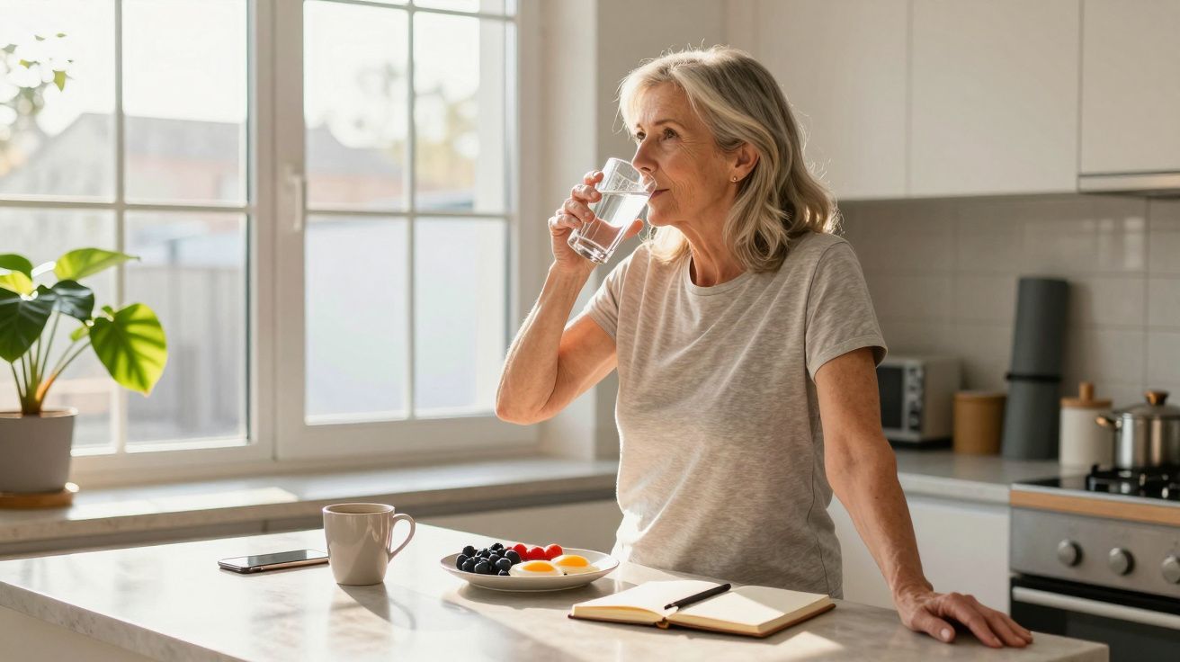 Mulher madura bebendo água na cozinha, com frutas, caderno e xícara sobre a bancada.
