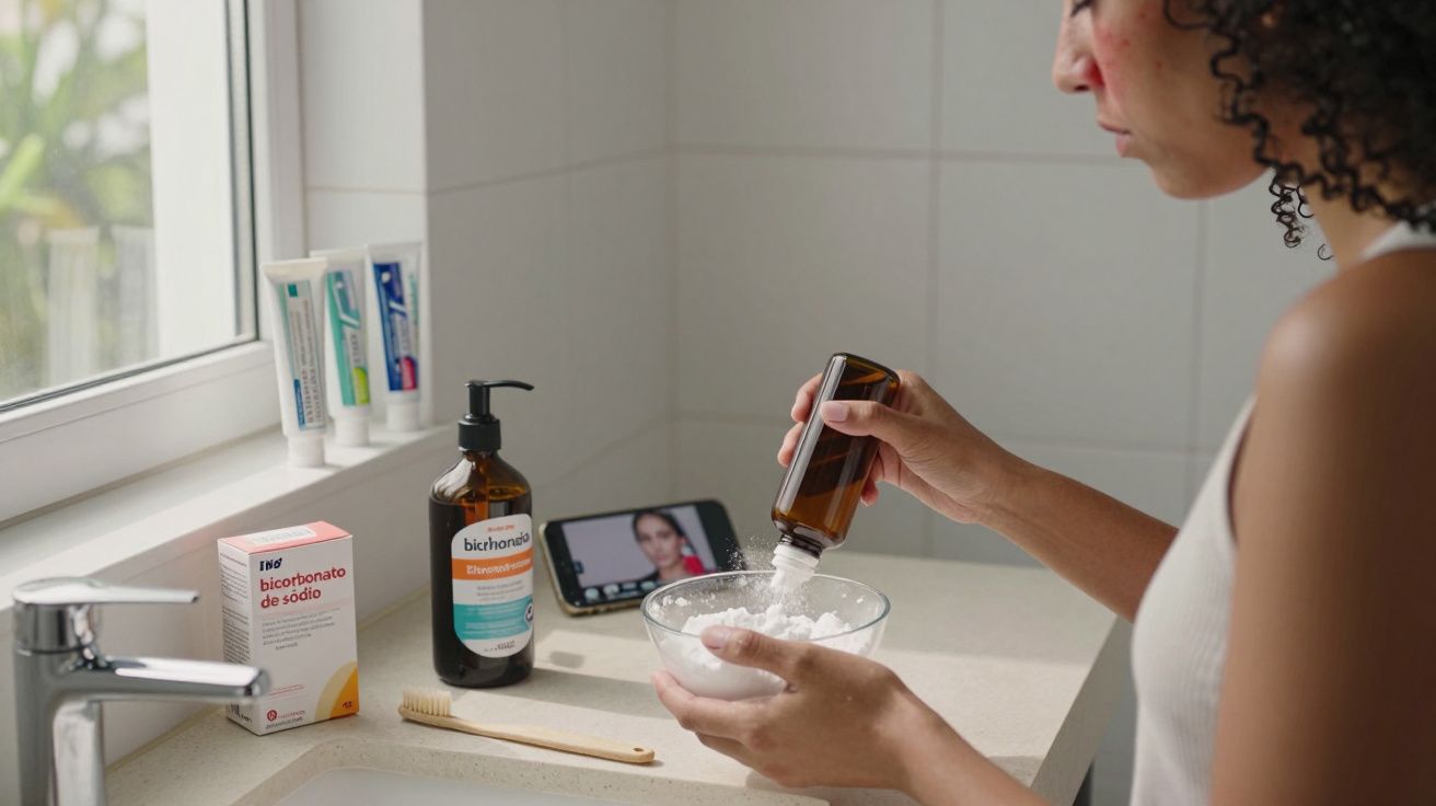 Pessoa misturando bicarbonato de sódio em uma tigela no banheiro com produtos e celular ao fundo.