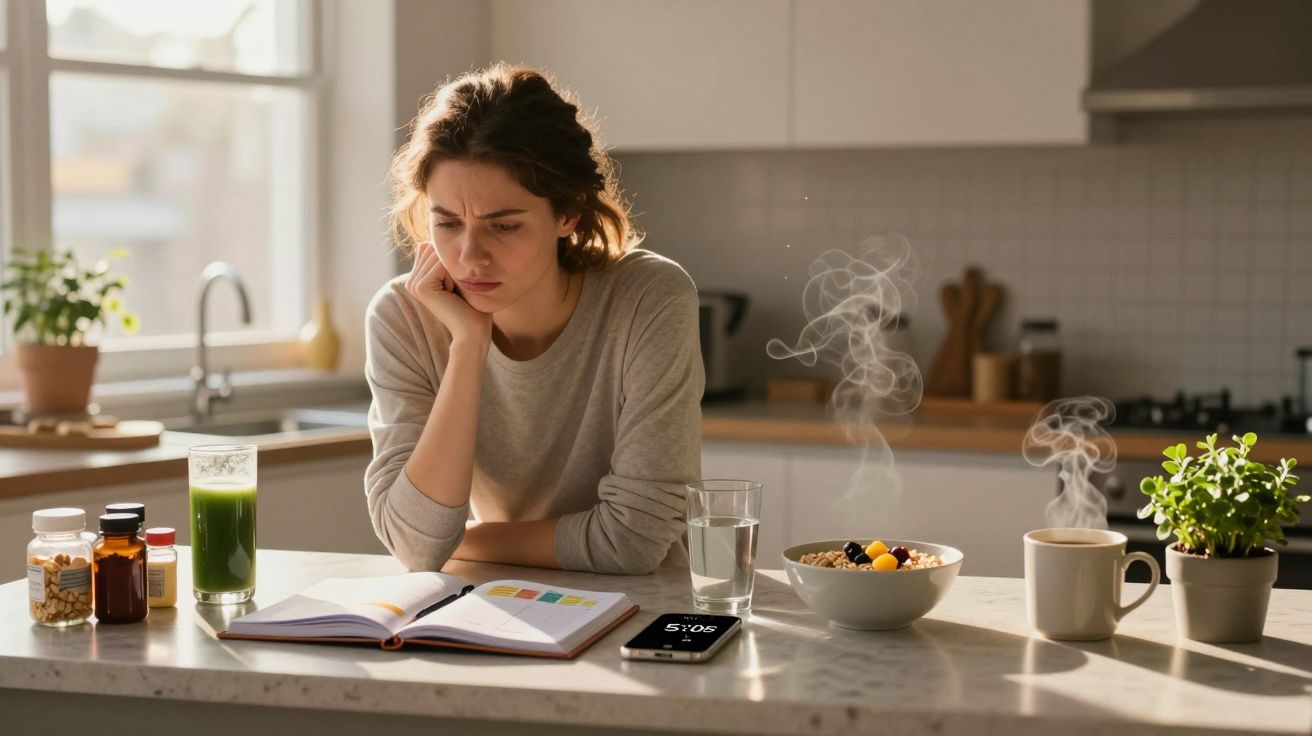 Mulher preocupada lendo livro na cozinha com café, cereal, suplementos e celular sobre a bancada.