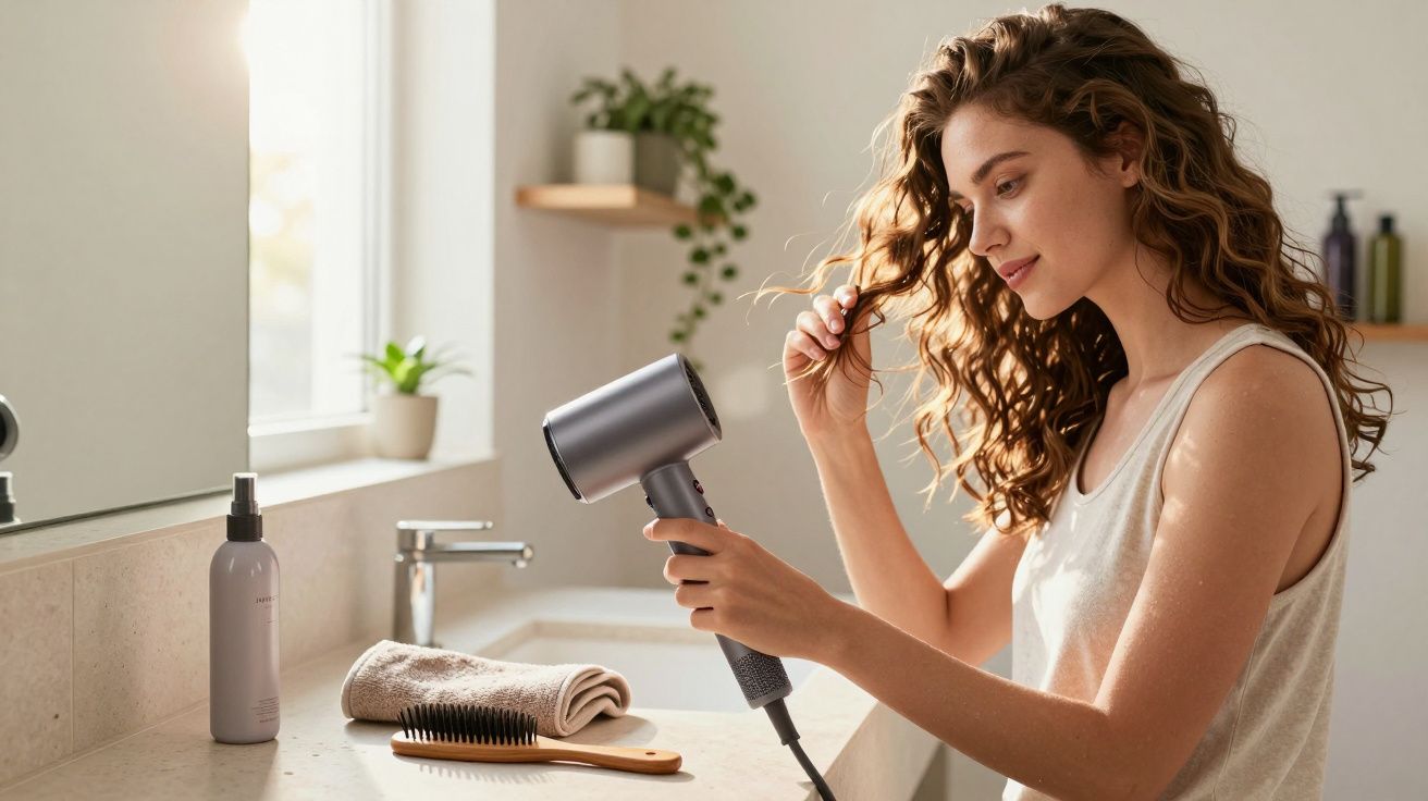 Mulher sorridente secando cabelos cacheados com secador em banheiro iluminado pela luz natural.