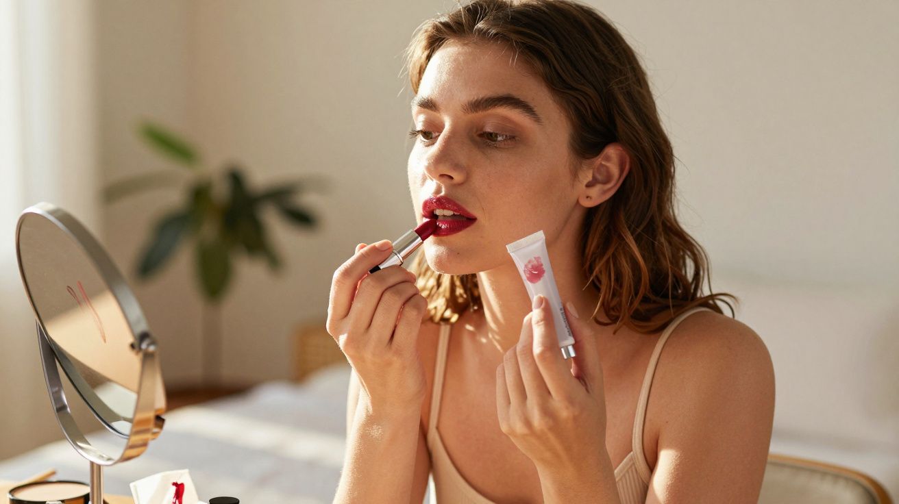 Mulher aplicando batom vermelho sentada em frente a um espelho em ambiente iluminado.